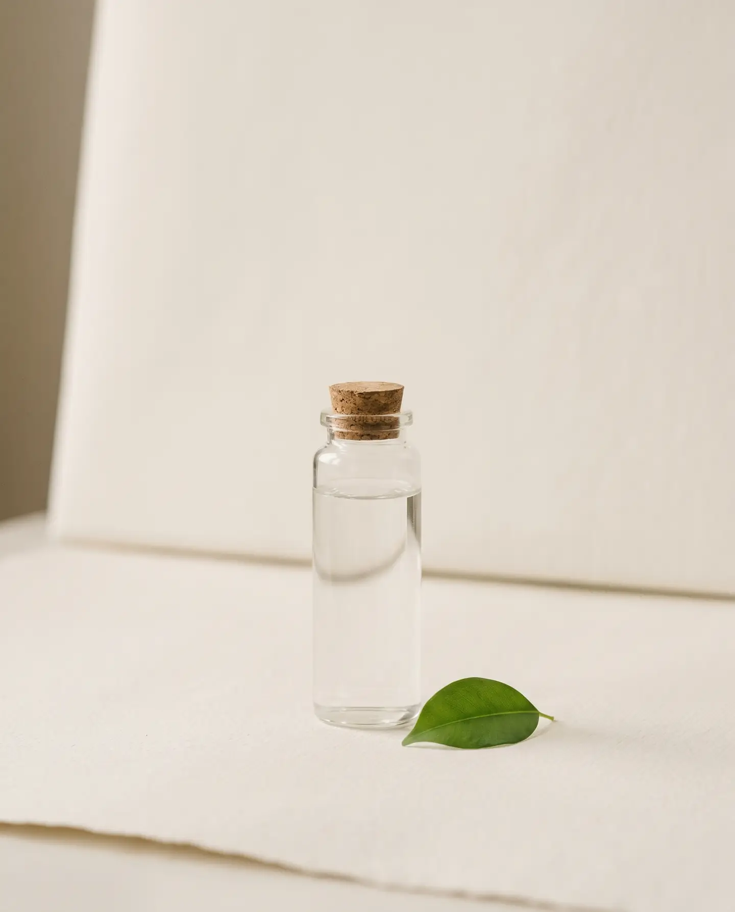 A single clear glass bottle of unscented cleaning liquid beside one green leaf on a warm white surface