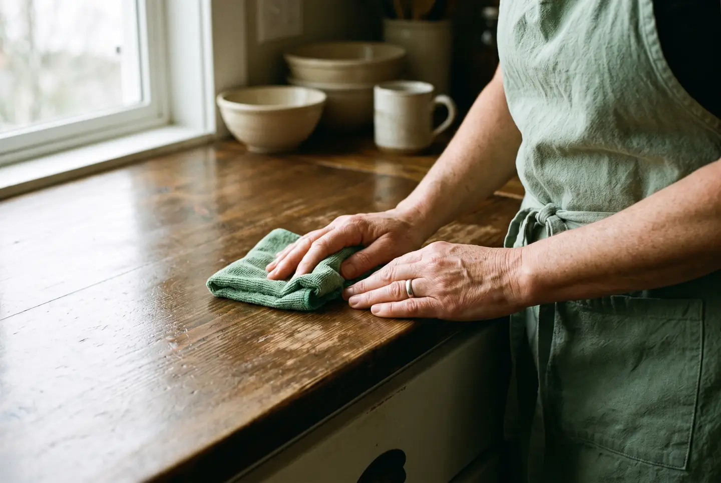 Hands in a sage apron wiping an old fir kitchen counter with a folded green microfibre cloth