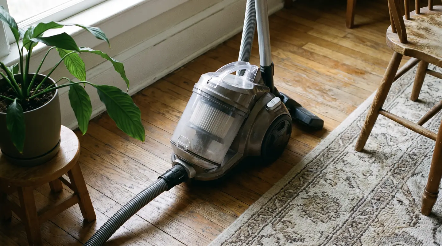 A canister vacuum with a visible filter housing on a hardwood floor beside a wool rug in an older Portland home