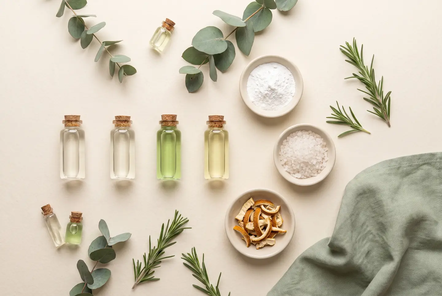 A flat lay of small glass bottles, dishes of powder and salt, eucalyptus and rosemary on a pale surface