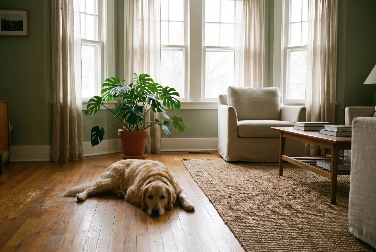 A calm golden retriever lying on a clean hardwood floor beside a leafy houseplant in a sunlit living room