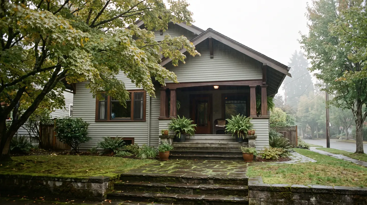 A 1910s Portland craftsman bungalow with a deep porch, ferns and moss, wet from recent rain
