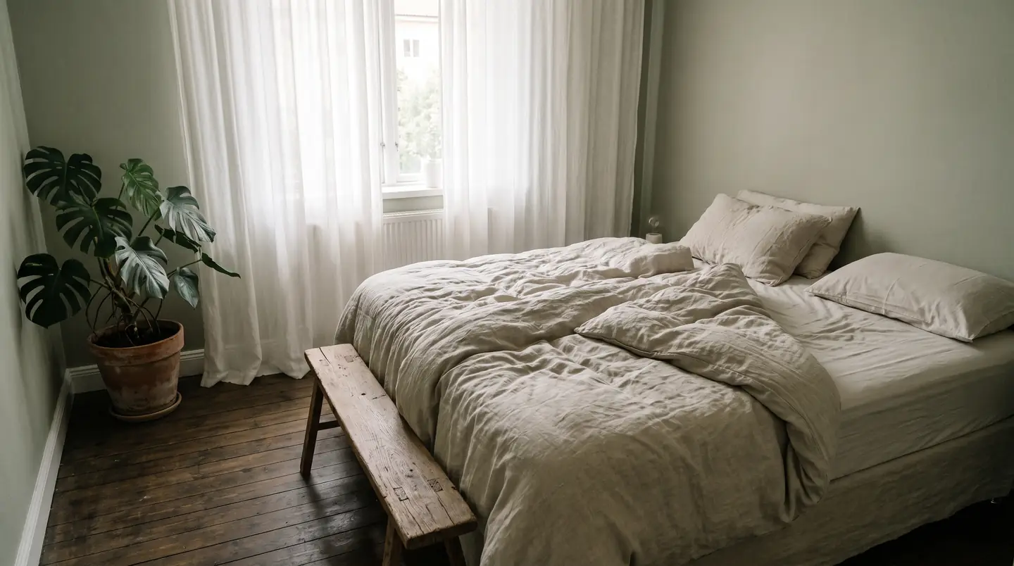 A calm bedroom with oat linen bedding, a monstera in a terracotta pot and sheer curtains